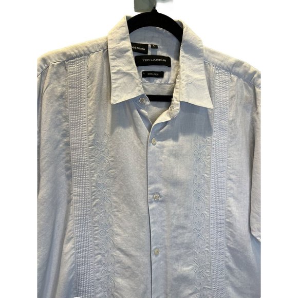 Ted Lapidus Paris Mens Shirt Embroidered 100% Linen Short Sleeve Pockets Size L - Picture 2 of 7